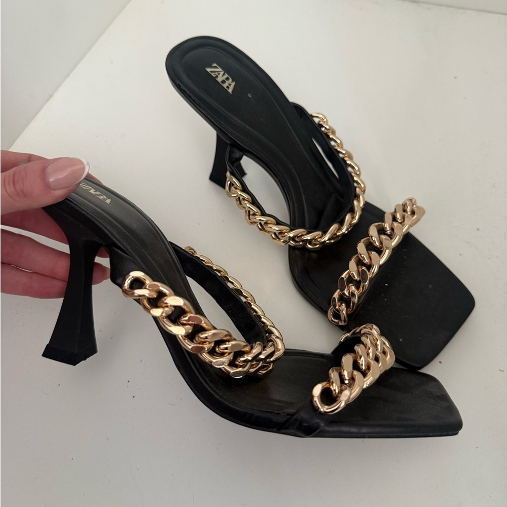 Zara Black Heels with Gold Chain Accent - Picture 2 of 6